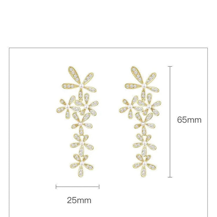 LOVCIA Elegant Brass Flower Earrings with Zircon and Pearl Detailing