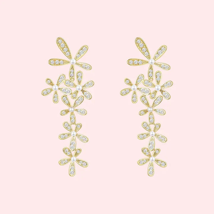 LOVCIA Elegant Brass Flower Earrings with Zircon and Pearl Detailing LOVCIA