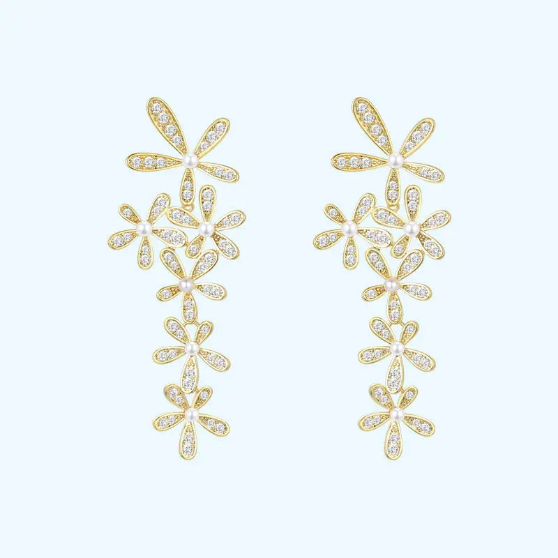 LOVCIA Elegant Brass Flower Earrings with Zircon and Pearl Detailing LOVCIA