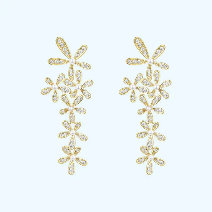 LOVCIA Elegant Brass Flower Earrings with Zircon and Pearl Detailing LOVCIA