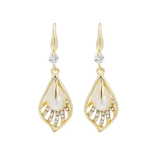 LOVCIA Elegant French Pearl Drop Leaf Earrings with Gold Electroplating