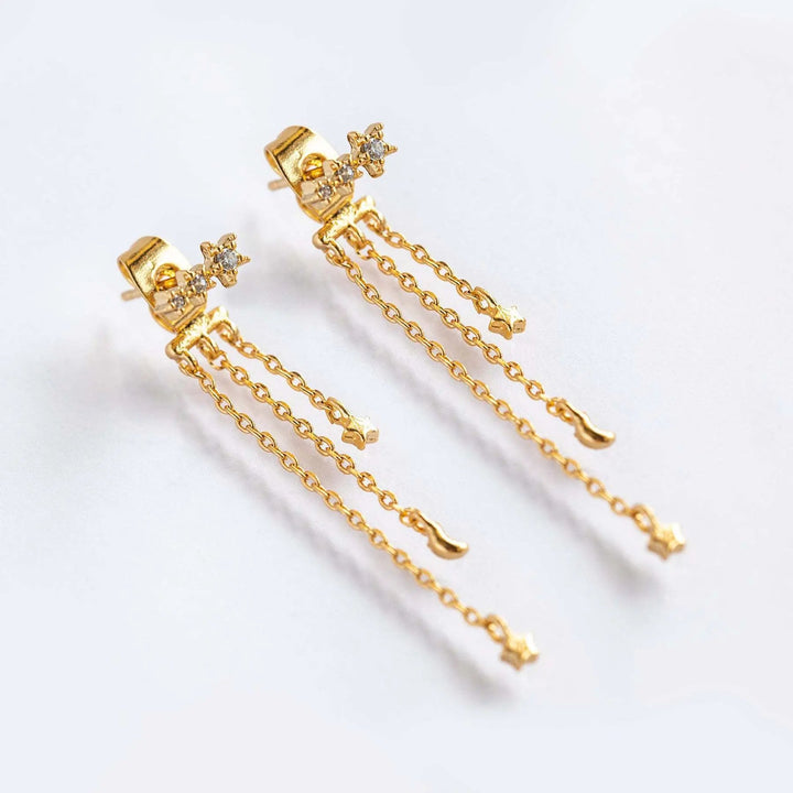 LOVCIA Starry Moon Tassel Earrings for Women - Long Brass Silver Needle