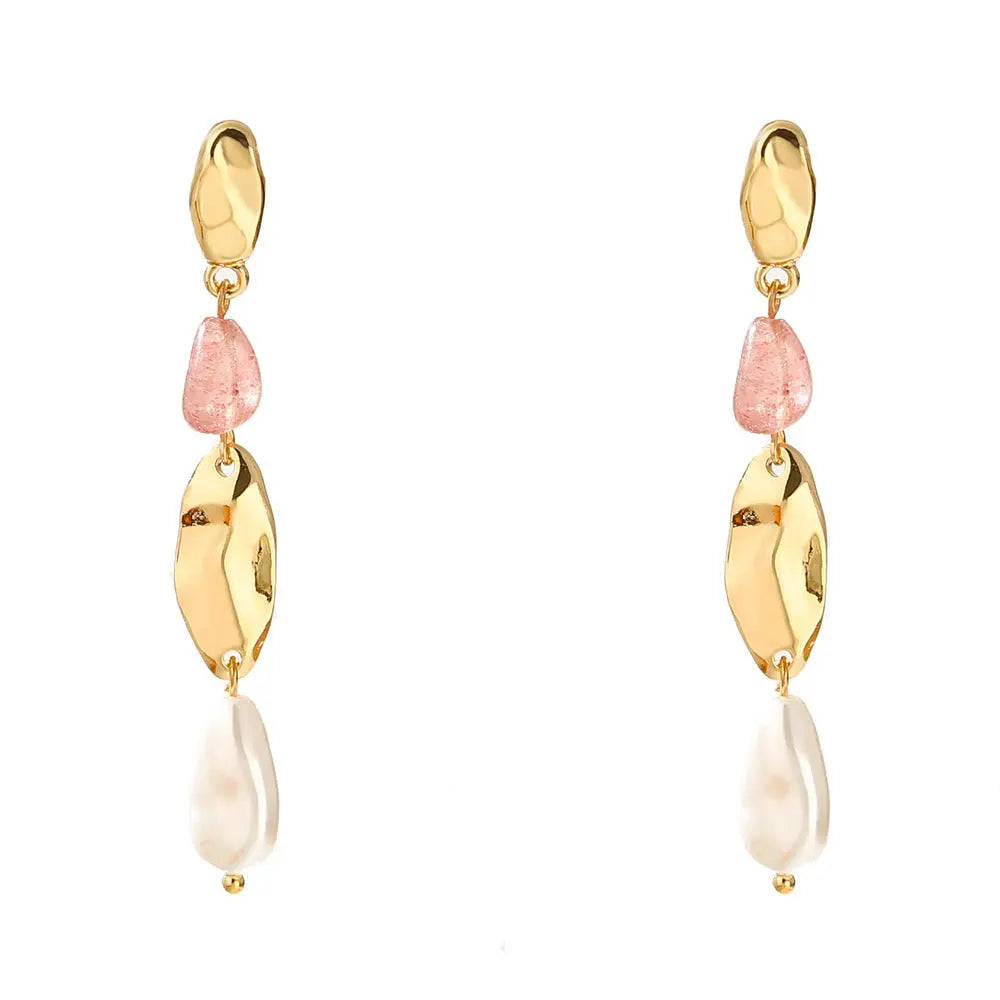 LOVCIA Elegant Baroque Pearl Geometric Long Earrings for Women in Gold Alloy