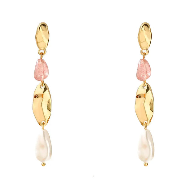 LOVCIA Elegant Baroque Pearl Geometric Long Earrings for Women in Gold Alloy