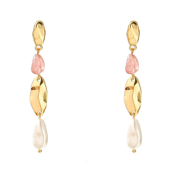 LOVCIA Elegant Baroque Pearl Geometric Long Earrings for Women in Gold Alloy