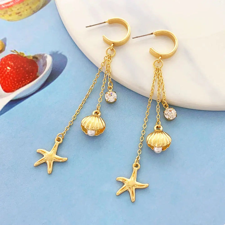 LOVCIA Elegant Starfish Shell Long Tassel Earrings with Micro Inlaid Pearls