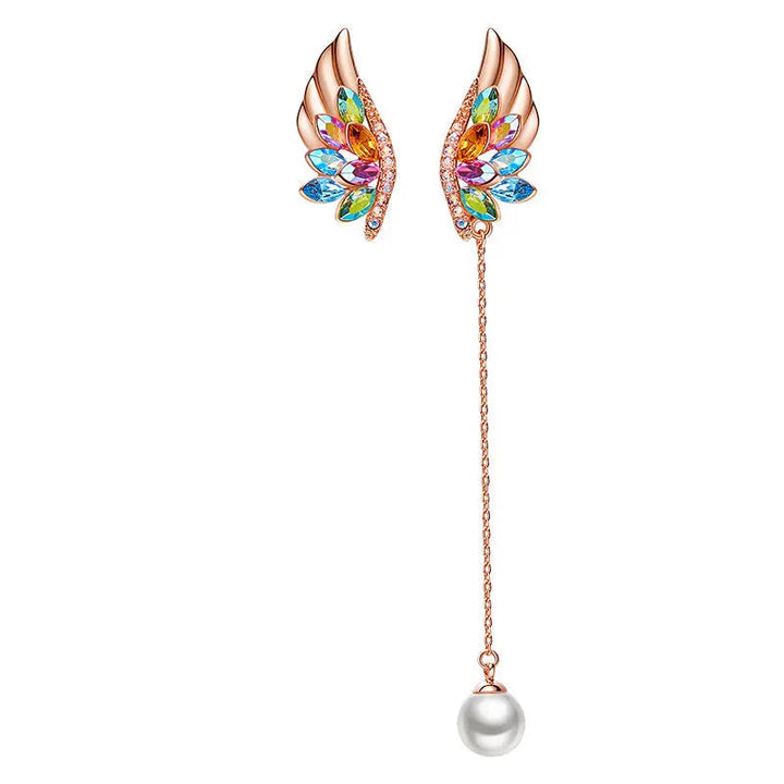 LOVCIA Elegant Women's Copper Wing Earrings with Pearl Crystal Detailing LOVCIA