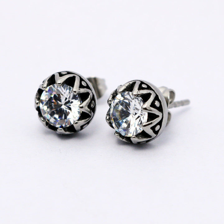 LOVCIA Retro Crown Style Titanium Steel Stud Earrings with Diamond Inlay