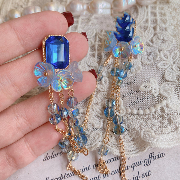 LOVCIA Vintage Blue and Purple Crystal Floral Tassel Earrings for Women