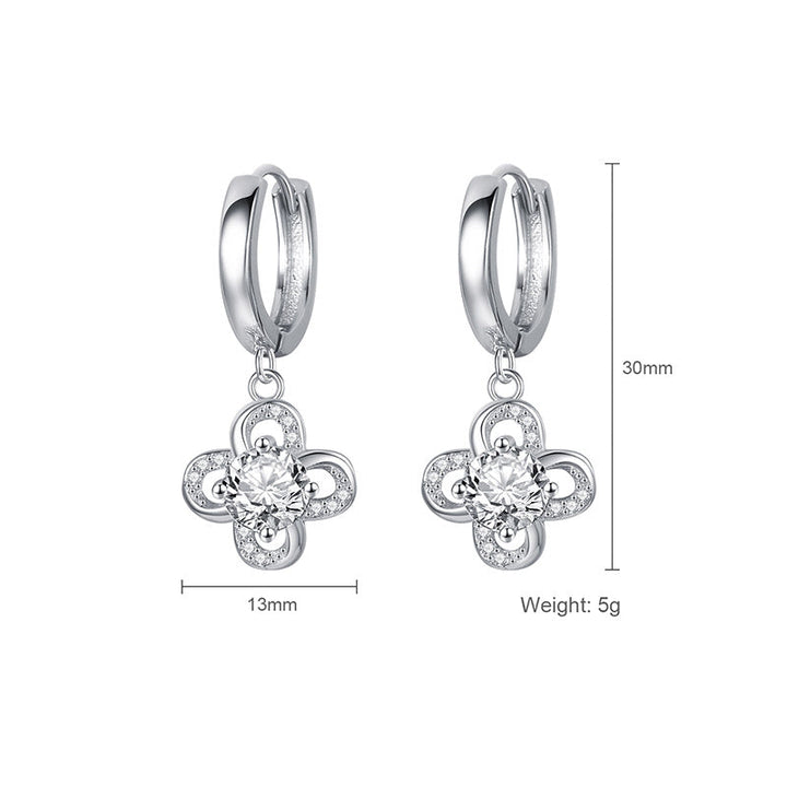 LOVCIA Elegant S925 Silver Rhinestone Four Petal Flower Hoop Earrings for Women