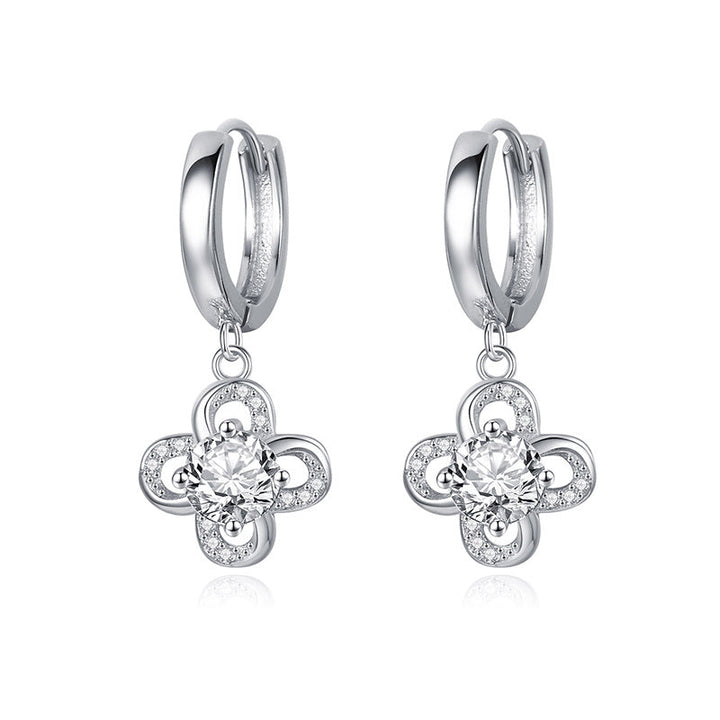 LOVCIA Elegant S925 Silver Rhinestone Four Petal Flower Hoop Earrings for Women LOVCIA