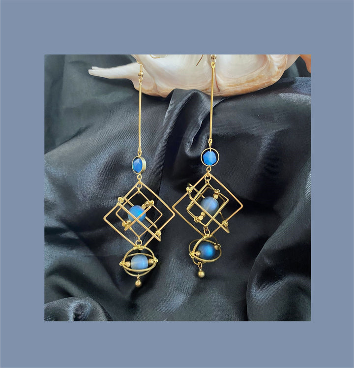 LOVCIA Celestial Blue Unique Cosmic Sphere Brass Earrings for Women