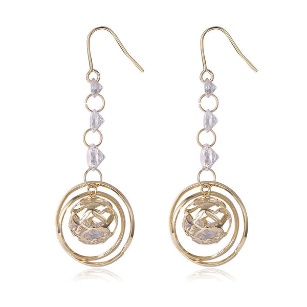 LOVCIA Radiant Orbit Gold Crystal Sphere Dangle Earrings for Women