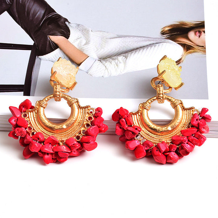 LOVCIA Boho Multicolor Gemstone and Gold Crescent Statement Earrings for Women