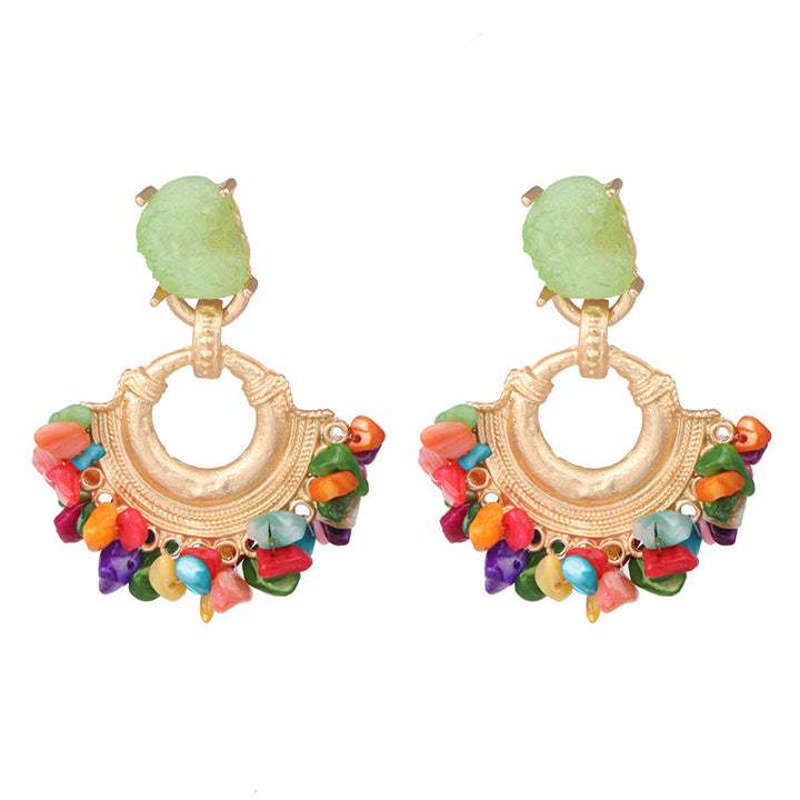 LOVCIA Boho Multicolor Gemstone and Gold Crescent Statement Earrings for Women