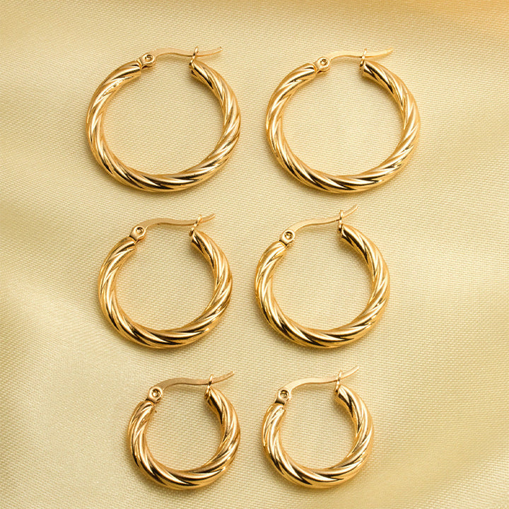 LOVCIA Vintage-Inspired Round Twill Stainless Steel Hoop Earrings for Women