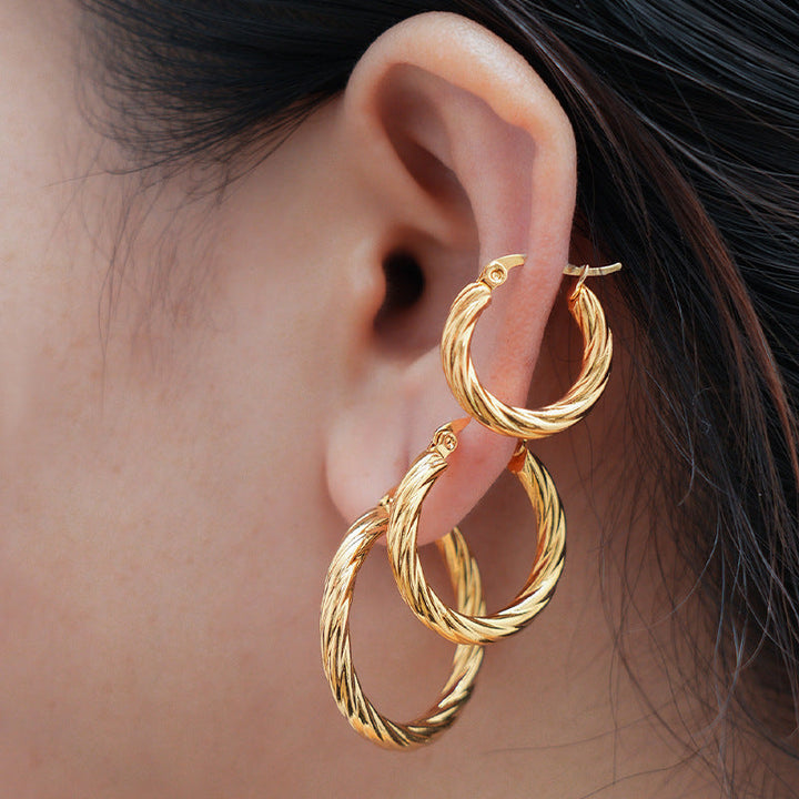 LOVCIA Vintage-Inspired Round Twill Stainless Steel Hoop Earrings for Women LOVCIA