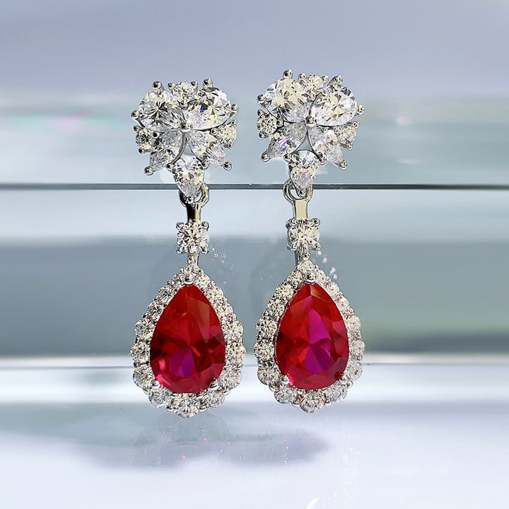 LOVCIA Elegant 925 Sterling Silver Ruby Red Crystal Diamond Drop Earrings for Women LOVCIA