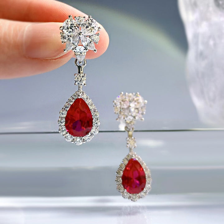 LOVCIA Elegant 925 Sterling Silver Ruby Red Crystal Diamond Drop Earrings for Women LOVCIA