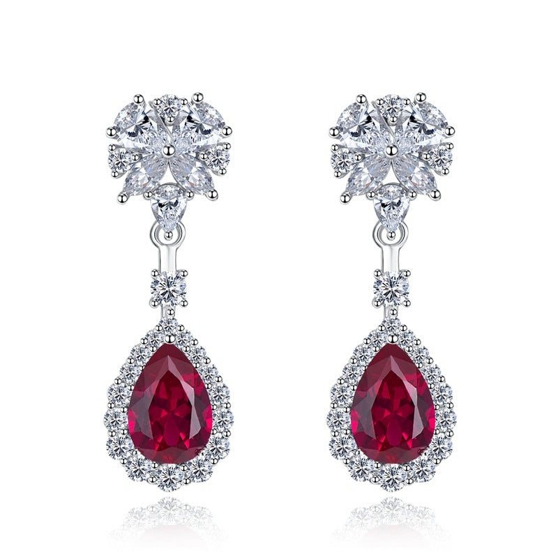 LOVCIA Elegant 925 Sterling Silver Ruby Red Crystal Diamond Drop Earrings for Women LOVCIA