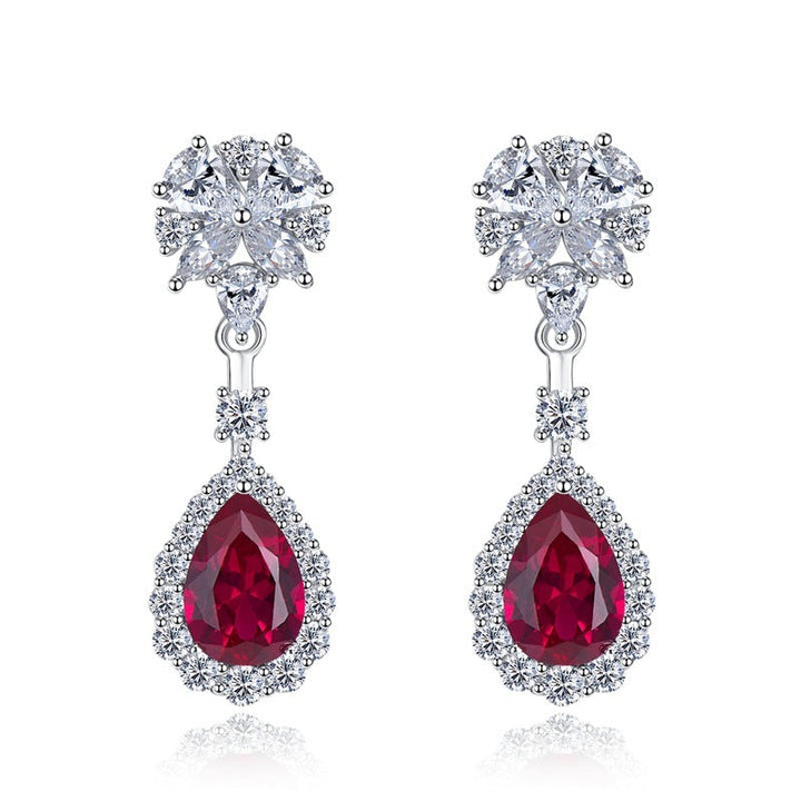 LOVCIA Elegant 925 Sterling Silver Ruby Red Crystal Diamond Drop Earrings for Women LOVCIA