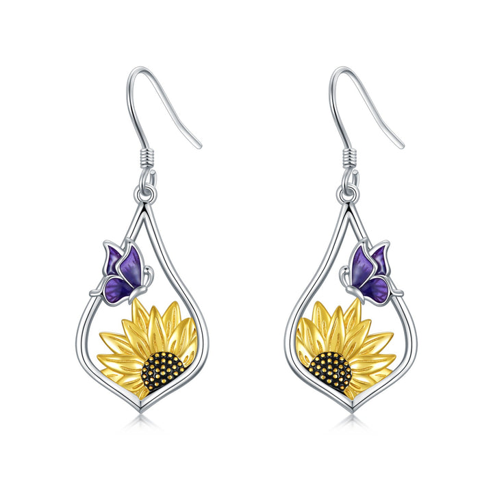 LOVCIA Sunflower and Butterfly Sterling Silver Drop Earrings for Women