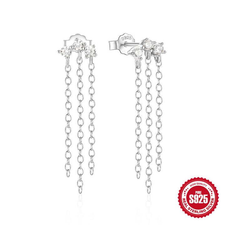 LOVCIA Floral Four-claw Diamond Chain Sterling Silver Tassel Earrings for Women LOVCIA