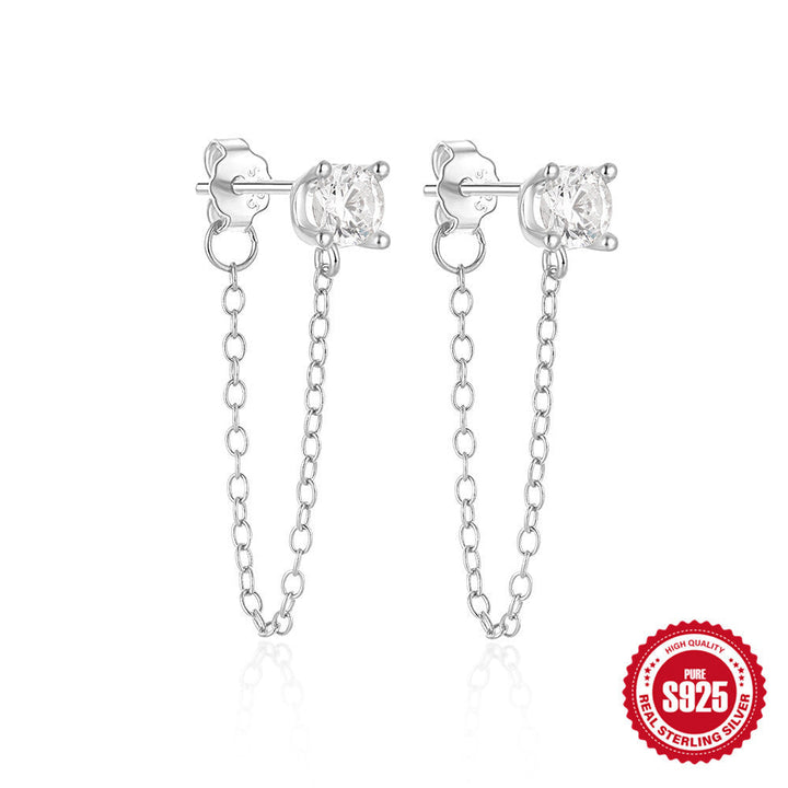 LOVCIA Floral Four-claw Diamond Chain Sterling Silver Tassel Earrings for Women