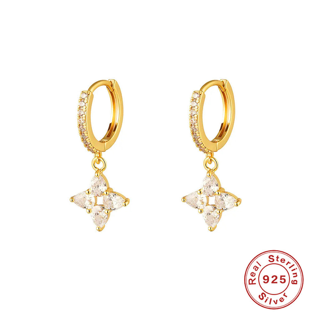 LOVCIA Elegant Gold-Plated Zirconia Flower Drop Sterling Silver Hoop Earrings for Women LOVCIA
