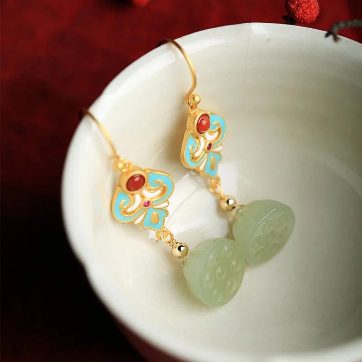 LOVCIA Chic Hetian Jade Lotus Seedpod Enamel Sterling Silver Earrings for Women LOVCIA