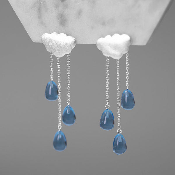 LOVCIA Frosted Blue Crystal Raindrop Sterling Silver Tassel Earrings for Women