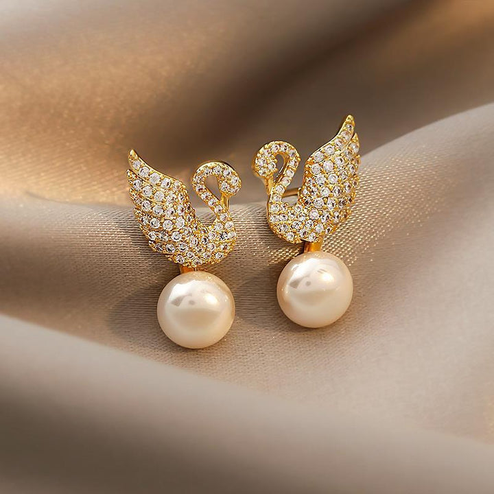 LOVCIA Romatic Love Swan Zircon Pearl Stud Earrings with Sterling Silver Needle for Women LOVCIA