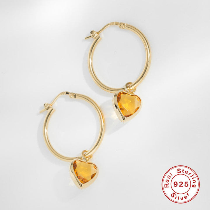 LOVCIA Gold-Plated Sterling Silver Heart Gemstone Hoop Earrings with Zircon Inlay for Women