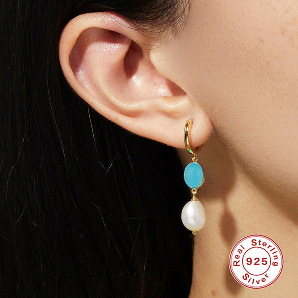 LOVCIA Turquoise and Pearl Drop Gold-Plated Sterling Silver Geometric Earrings for Women