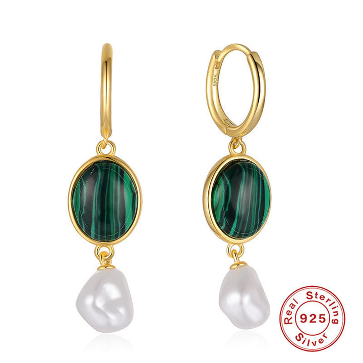 LOVCIA Elegant Malachite and Pearl Drop Gold-Plated Sterling Silver Earrings for Women LOVCIA