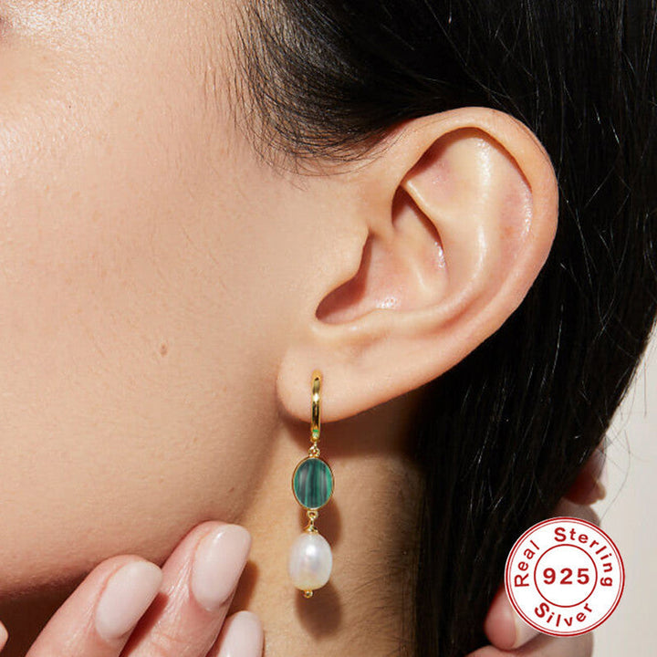 LOVCIA Elegant Malachite and Pearl Drop Gold-Plated Sterling Silver Earrings for Women