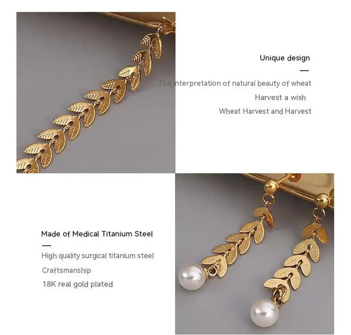 Wheat Leaves Phoenix Tail Necklace Pearl Earrings Jewelry, Titanium Steel Plated 18K Gold Color Protection LOVCIA