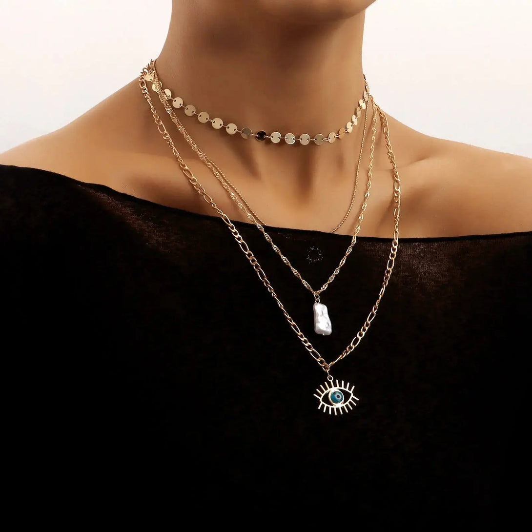 LOVCIA Enchanting Blue Eyes Multi-layer Disc Chain Necklace - Exquisite Fashion Jewelry