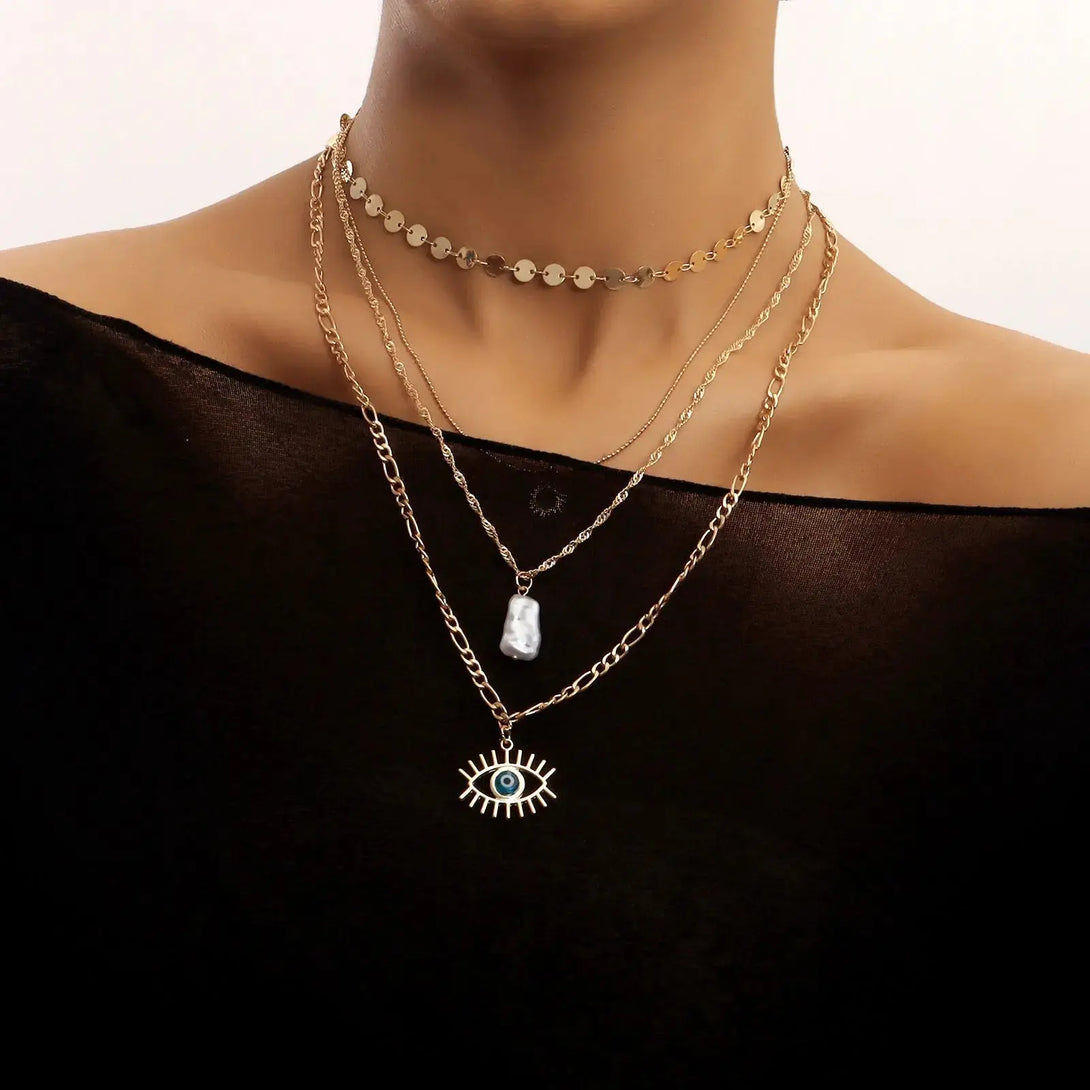 LOVCIA Enchanting Blue Eyes Multi-layer Disc Chain Necklace - Exquisite Fashion Jewelry