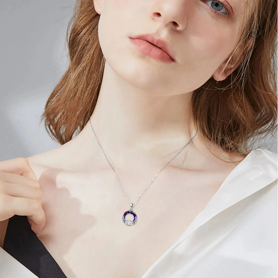 LOVCIA Crystal Necklace 925 Sterling Silver Necklace Lotus Amulet Protection Good Luck Necklace Jewellery Gifts for Ladies Women Girls