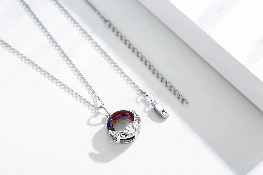 LOVCIA Crystal Necklace 925 Sterling Silver Necklace Lotus Amulet Protection Good Luck Necklace Jewellery Gifts for Ladies Women Girls