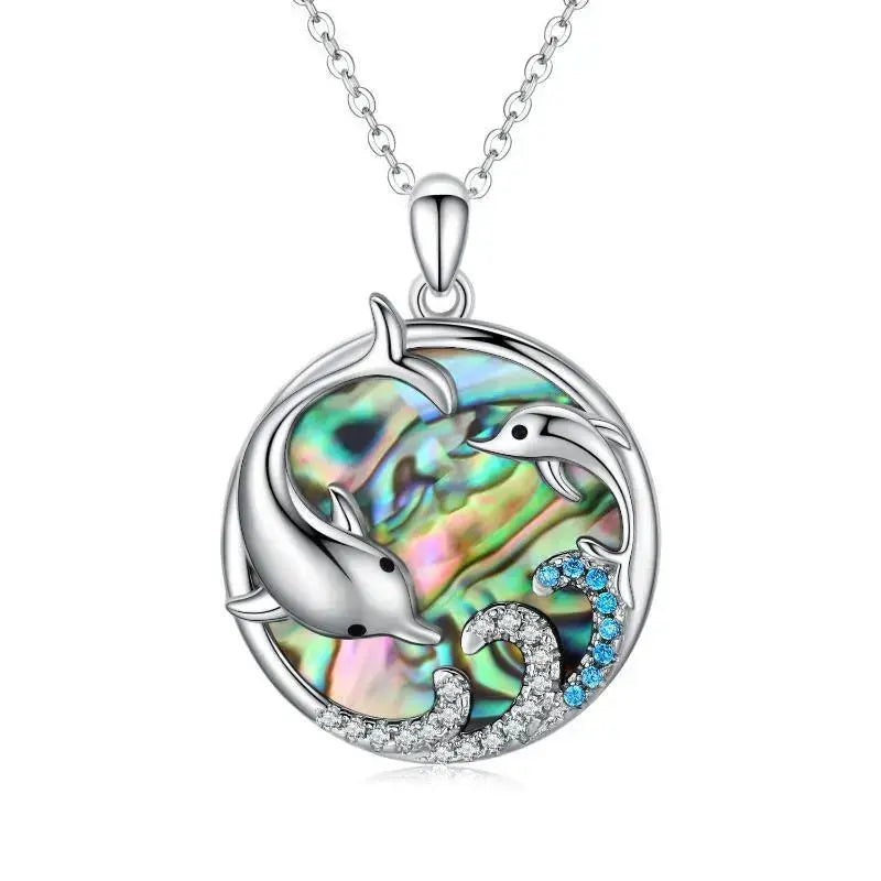 LOVCIA Eternal Waves 925 Sterling Silver Dolphin Pendant Necklace with Abalone Shell