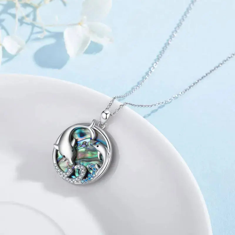 LOVCIA Eternal Waves 925 Sterling Silver Dolphin Pendant Necklace with Abalone Shell