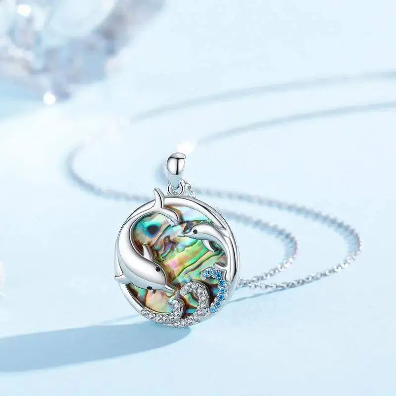 LOVCIA Eternal Waves 925 Sterling Silver Dolphin Pendant Necklace with Abalone Shell