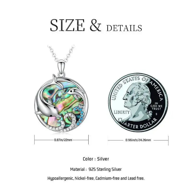LOVCIA Eternal Waves 925 Sterling Silver Dolphin Pendant Necklace with Abalone Shell