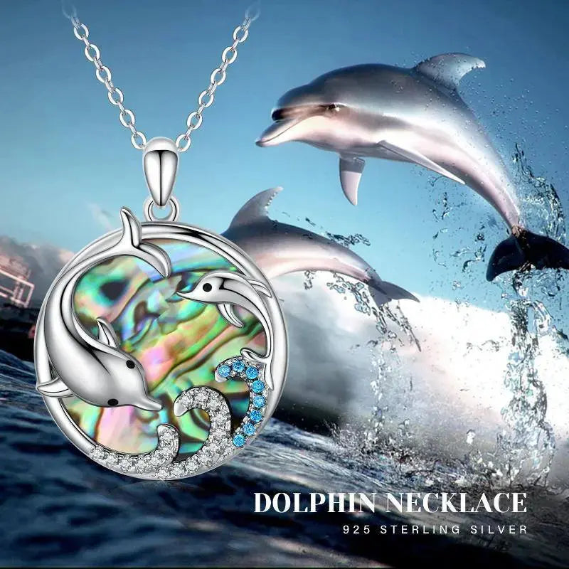 LOVCIA Eternal Waves 925 Sterling Silver Dolphin Pendant Necklace with Abalone Shell