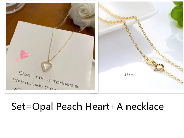 Simple And Sweet Girl Short Opal Pearl Peach Heart Pendant Clavicle Chain LOVCIA