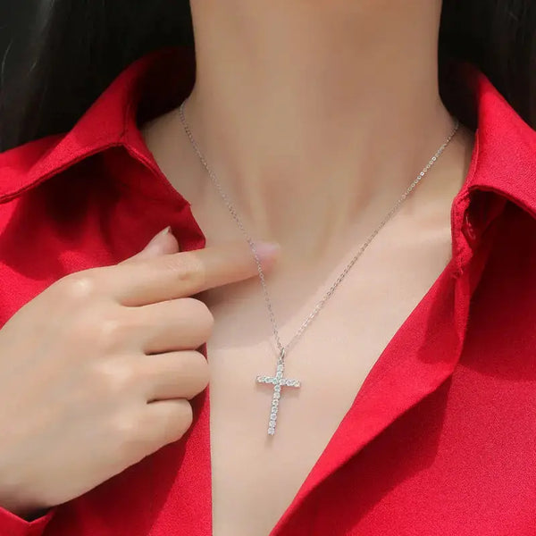 LOVCIA Classic Moissanite CZ Cross 925 Sterling Silver Necklace