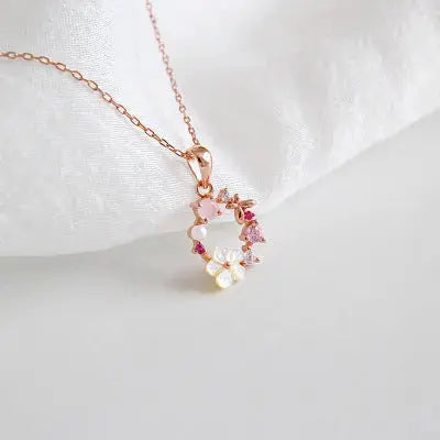 Beautiful Pink CZ White Shell Flower Garland 925 Sterling Silver Necklace LOVCIA