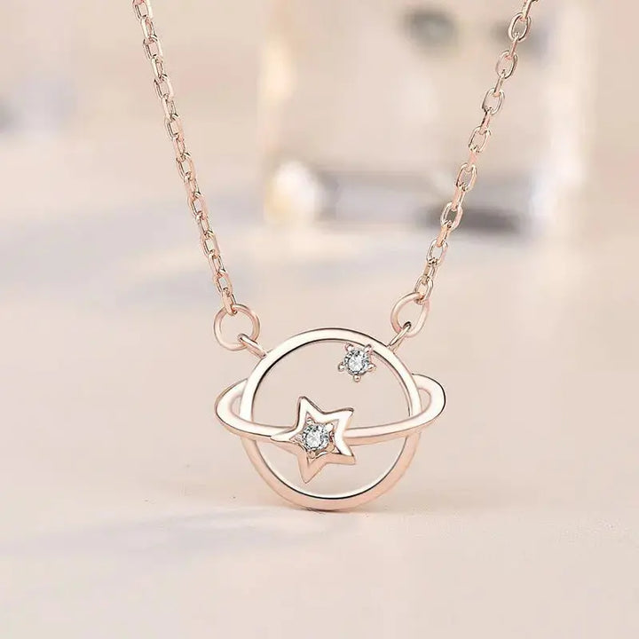 Lady Hollow CZ Star Planet 925 Sterling Silver Necklace LOVCIA